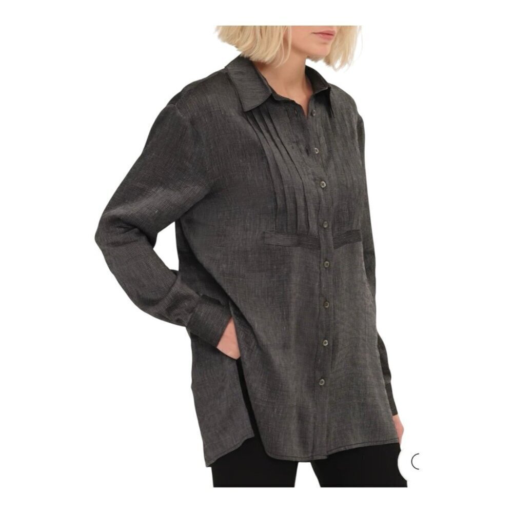 Harshman Women’s Drea Tunic Blouse Size Small Silk Linen Pinstripe Gray Black